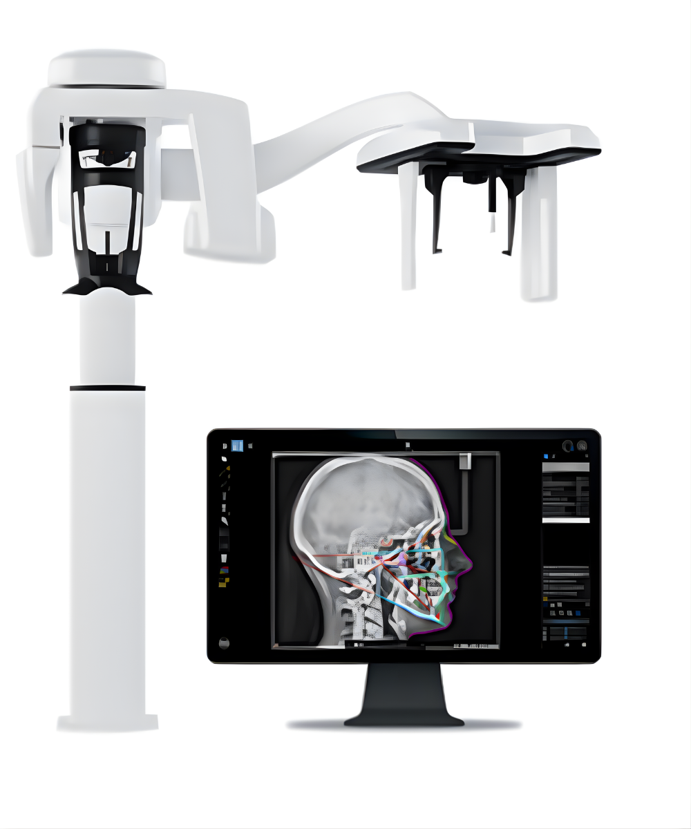 Equipo tomógrafo blanco CS 8200 3D con monitor mostrando perfil craneal